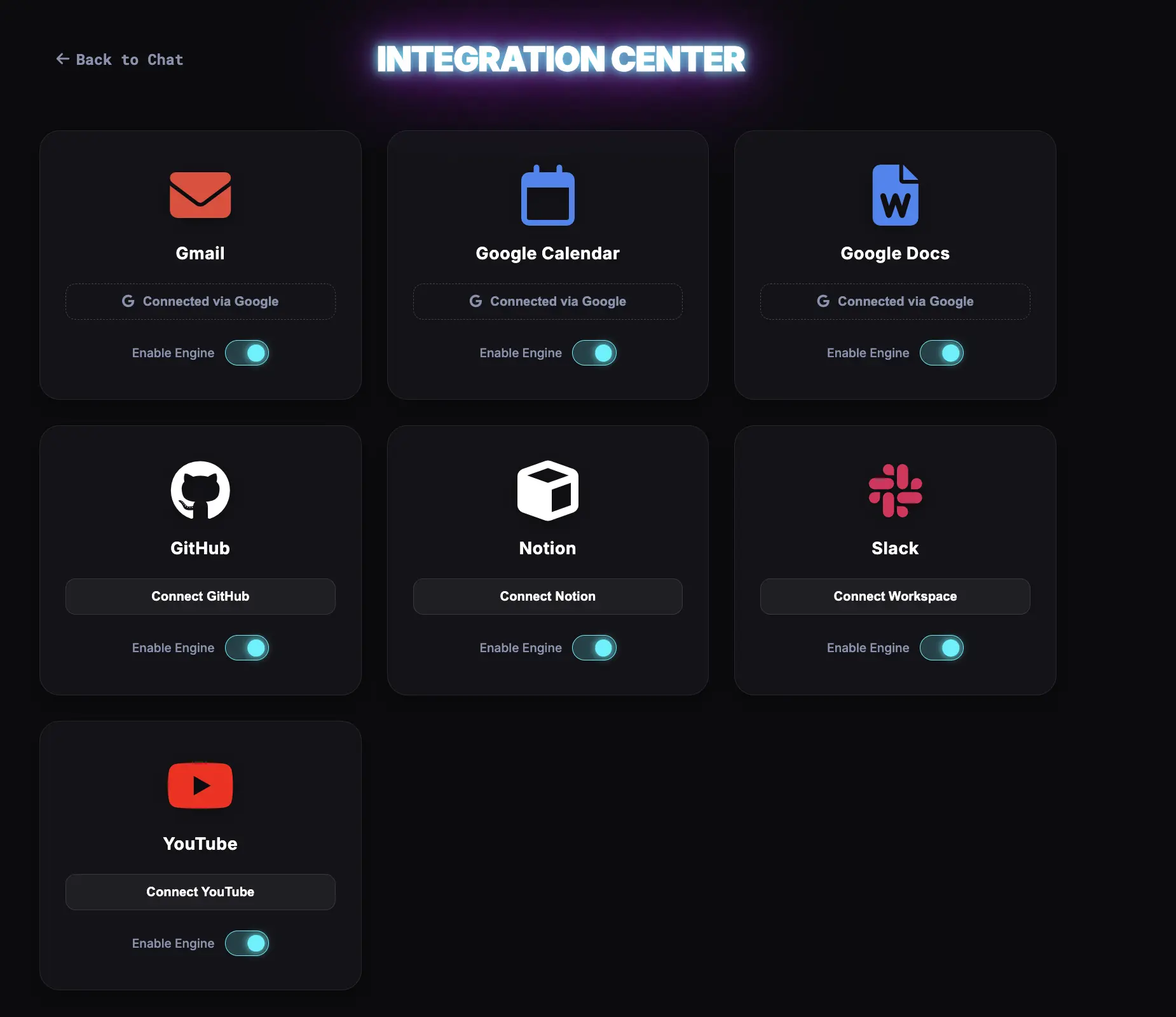 Ask Me Integration Center with connected workspace services